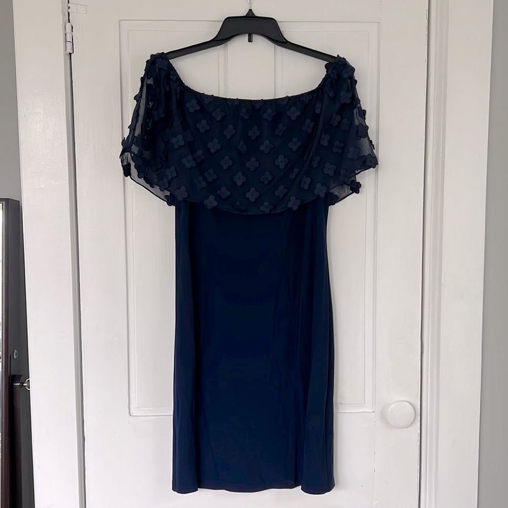 Off the shoulder, sheer top, blue pencil dress